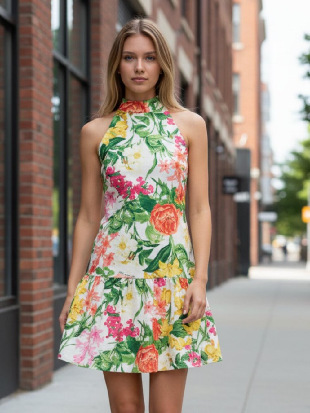NWT $!59 KARL LAGERFELD PARIS Floral Print Halter Flounce Mini Dress SZ-8